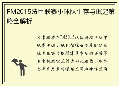 FM2015法甲联赛小球队生存与崛起策略全解析