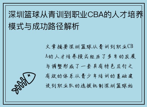 深圳篮球从青训到职业CBA的人才培养模式与成功路径解析