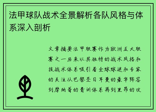 法甲球队战术全景解析各队风格与体系深入剖析