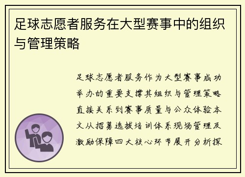 足球志愿者服务在大型赛事中的组织与管理策略